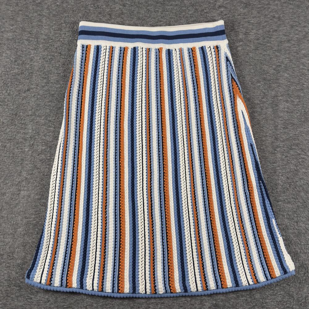Akris Punto Skirt Womens 6 Blue Orange Stripe Knit A-Line Cotton Pull On Crochet